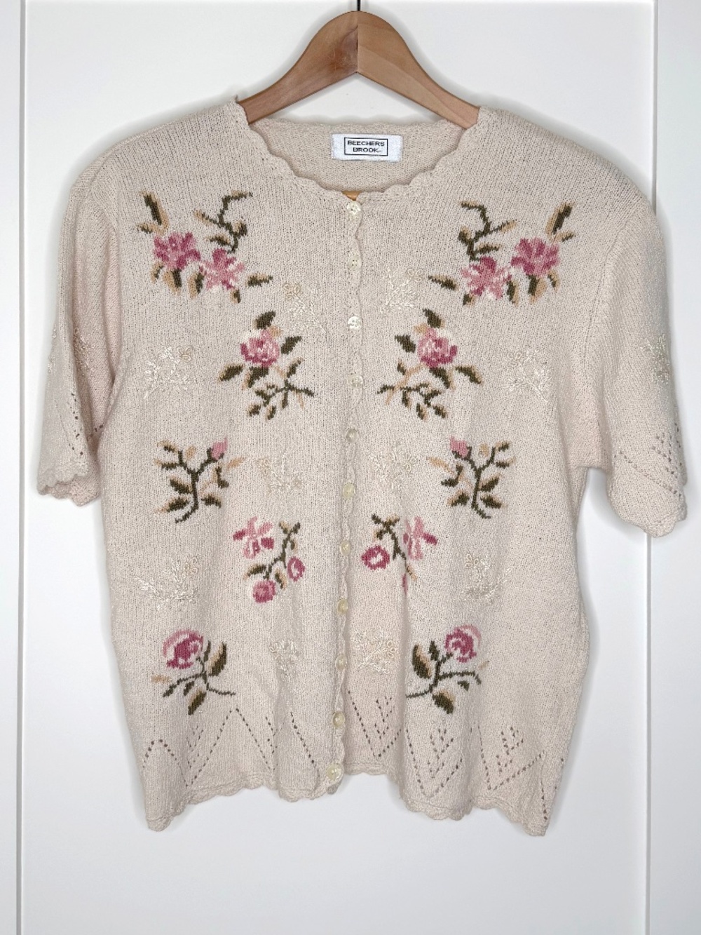 Beechers Brook Vintage Floral Embroidered Short Sleeve Cardigan Pointelle Knit
